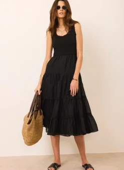 Best Crochet Trim Tiered Midi Dress Midi Dresses|Crochet