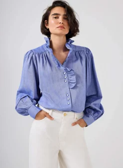 Best Cotton Chambray Ruffle Blouse Shirts & Blouses
