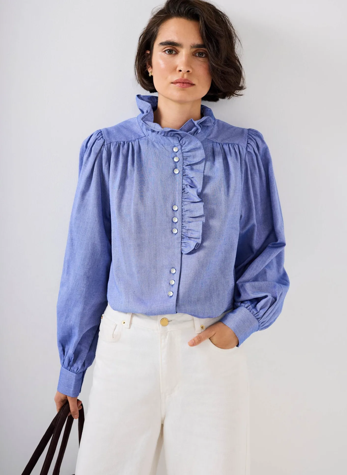 Best Cotton Chambray Ruffle Blouse Shirts & Blouses