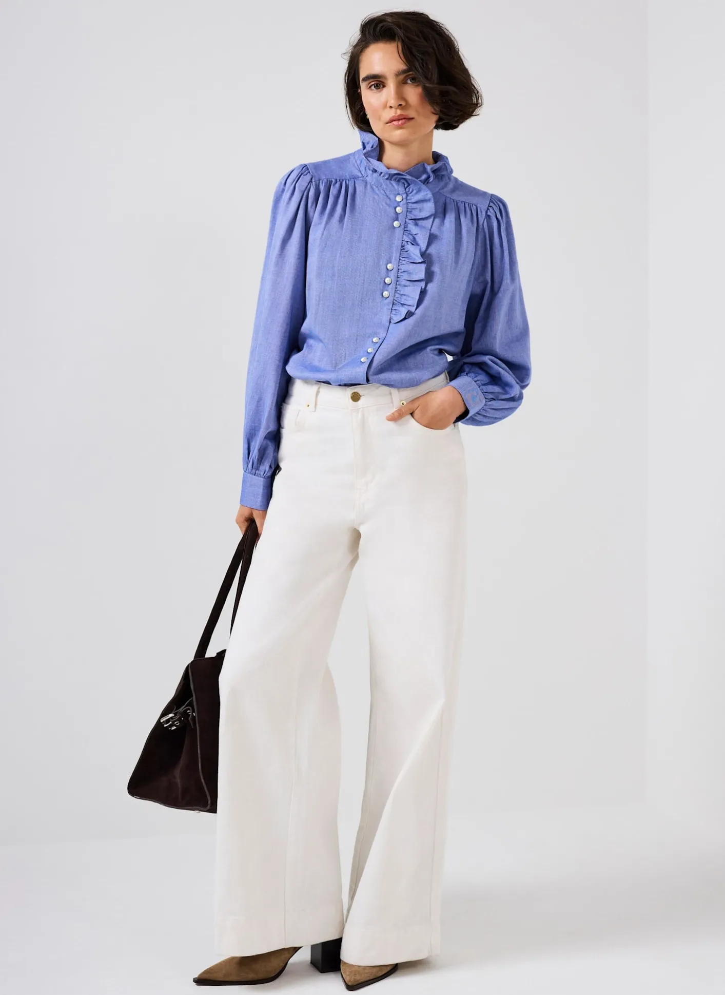 Best Cotton Chambray Ruffle Blouse Shirts & Blouses