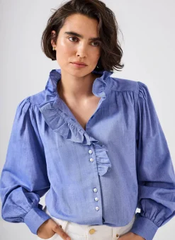 Best Cotton Chambray Ruffle Blouse Shirts & Blouses