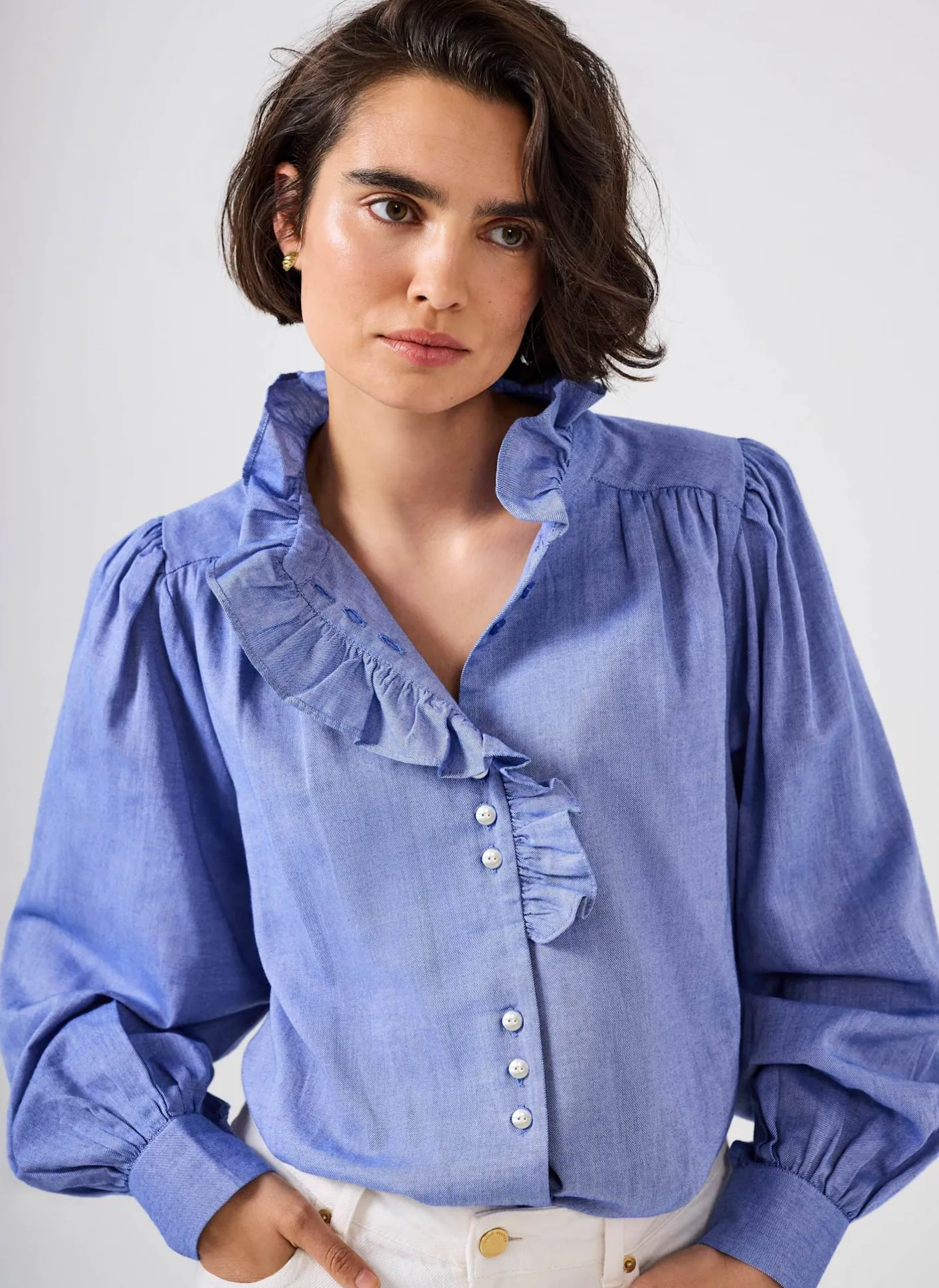 Best Cotton Chambray Ruffle Blouse Shirts & Blouses