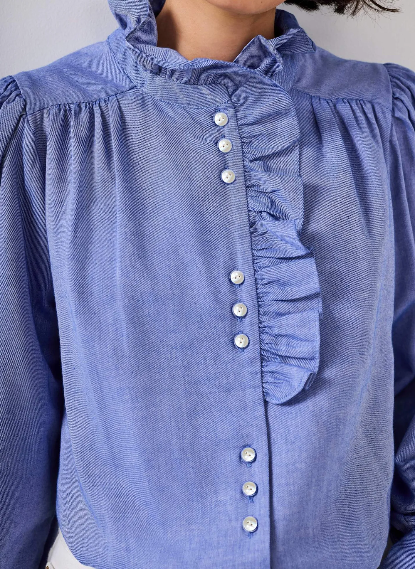 Best Cotton Chambray Ruffle Blouse Shirts & Blouses