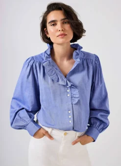 Best Cotton Chambray Ruffle Blouse Shirts & Blouses