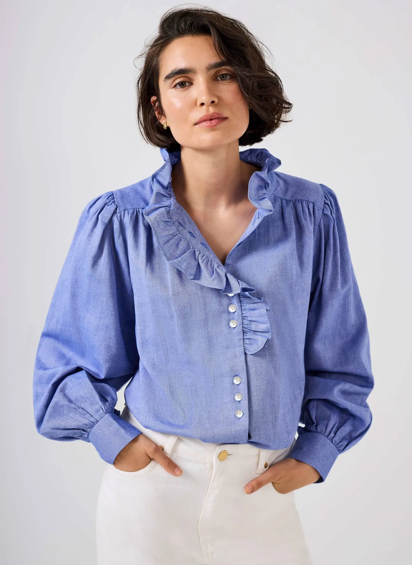 Best Cotton Chambray Ruffle Blouse Shirts & Blouses