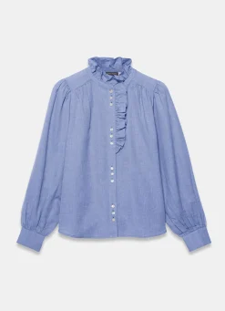 Best Cotton Chambray Ruffle Blouse Shirts & Blouses