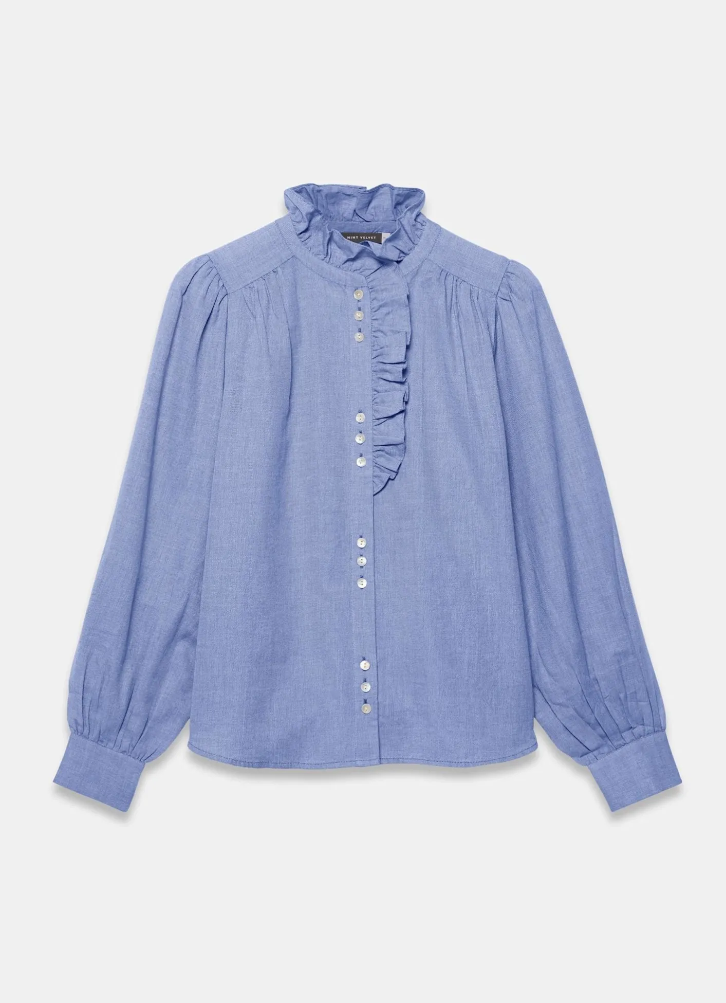 Best Cotton Chambray Ruffle Blouse Shirts & Blouses