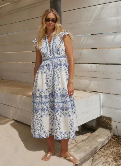 Sale Cotton Print Scallop Trim Midi Dress Summer Dresses|Midi Dresses
