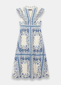 Sale Cotton Print Scallop Trim Midi Dress Summer Dresses|Midi Dresses