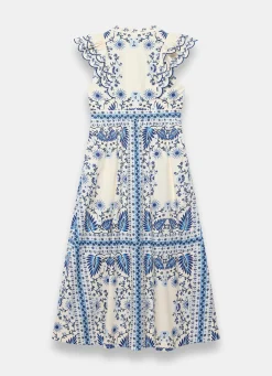 Sale Cotton Print Scallop Trim Midi Dress Summer Dresses|Midi Dresses