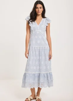 Best Striped Broderie Midi Dress Summer Dresses|Midi Dresses