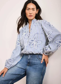 New Striped Embroidered Floral Blouse Shirts & Blouses