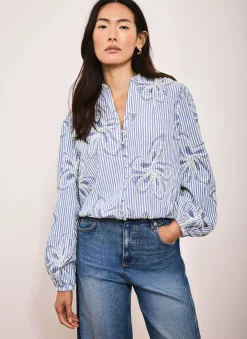 New Striped Embroidered Floral Blouse Shirts & Blouses