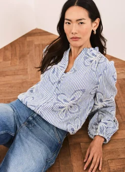 New Striped Embroidered Floral Blouse Shirts & Blouses