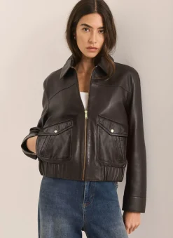 Discount Leather Collared Bomber Jacket Jackets|Leather & Suede Jackets