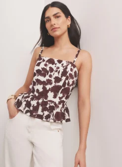 Clearance Brown Linen Blend Floral Print Top All Tops|Tops