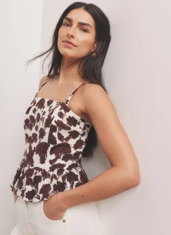 Clearance Brown Linen Blend Floral Print Top All Tops|Tops