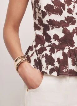 Clearance Brown Linen Blend Floral Print Top All Tops|Tops