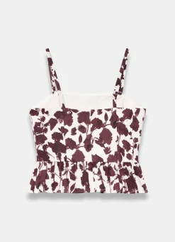 Clearance Brown Linen Blend Floral Print Top All Tops|Tops