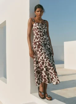 Discount Linen Blend Printed Midi Dress Summer Dresses|Midi Dresses