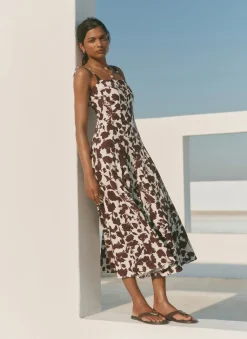 Discount Linen Blend Printed Midi Dress Summer Dresses|Midi Dresses