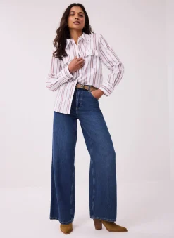 Discount Striped Cotton Scallop Detail Shirt Shirts & Blouses
