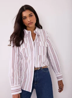 Discount Striped Cotton Scallop Detail Shirt Shirts & Blouses