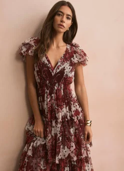 Hot Burgundy Floral Print Tulle Maxi Dress Occasion Dresses|Occasion Dresses