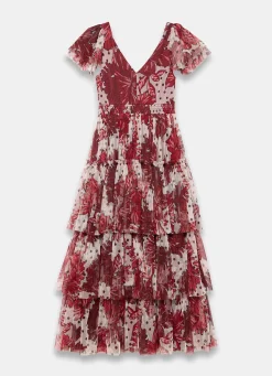 Hot Burgundy Floral Print Tulle Maxi Dress Occasion Dresses|Occasion Dresses
