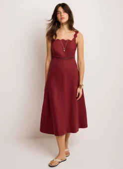 Linen Scallop Trim Midi Dress Summer Dresses|Midi Dresses