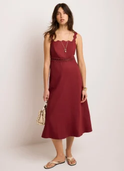 Linen Scallop Trim Midi Dress Summer Dresses|Midi Dresses