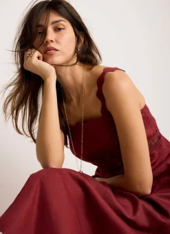 Linen Scallop Trim Midi Dress Summer Dresses|Midi Dresses