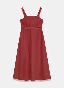 Linen Scallop Trim Midi Dress Summer Dresses|Midi Dresses