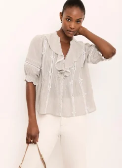 Cotton Stripe Ruffle Blouse Shirts & Blouses