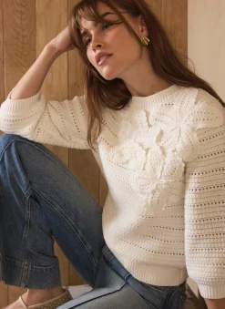 New Cream Cotton Blend Floral Detail Jumper Jumpers|Jumpers & Cardigans