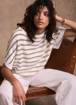 Online Cream Cotton Blend Metallic Stripe Top Jumpers|Jumpers & Cardigans