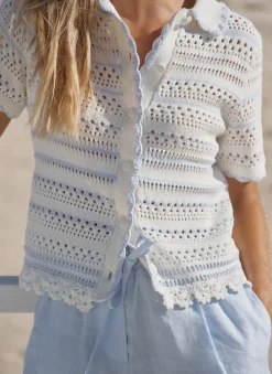 Clearance Cream Cotton Blend Stripe Crochet Top Crochet