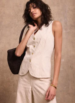 Discount Cream Denim Diamond Textured Waistcoat Waistcoats|Denim Jackets