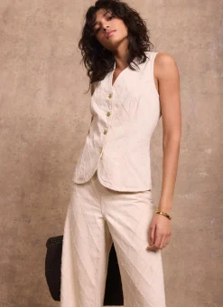 Discount Cream Denim Diamond Textured Waistcoat Waistcoats|Denim Jackets