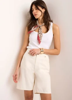 Cream Denim Mid Length Shorts Shorts|Trousers