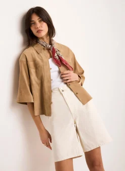 Cream Denim Mid Length Shorts Shorts|Trousers