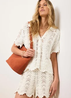 Outlet Cream Embellished Crochet Top Crochet