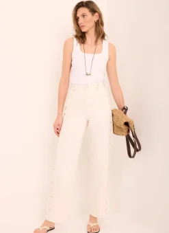 Sale Cream Floral Embroidered Tapered Jeans Jeans|Straight Jeans