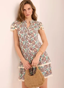 Discount Cream Floral Print Mini Dress Summer Dresses|Mini Dresses