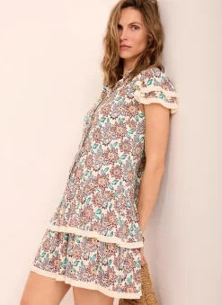 Discount Cream Floral Print Mini Dress Summer Dresses|Mini Dresses