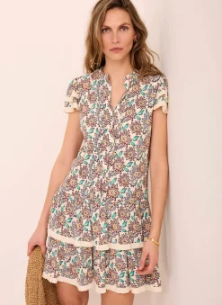 Discount Cream Floral Print Mini Dress Summer Dresses|Mini Dresses
