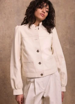 New Cream Leather Puff Sleeve Jacket Jackets|Leather & Suede Jackets