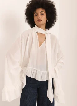 Clearance Cream Ruffle Tie Detail Blouse Shirts & Blouses