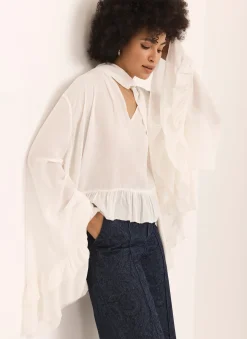 Clearance Cream Ruffle Tie Detail Blouse Shirts & Blouses
