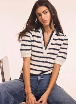 Sale Cream Striped Knit Denim Detail Tops Jumpers|Jumpers & Cardigans